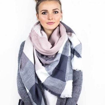 Blond girl with grey and pink scarf