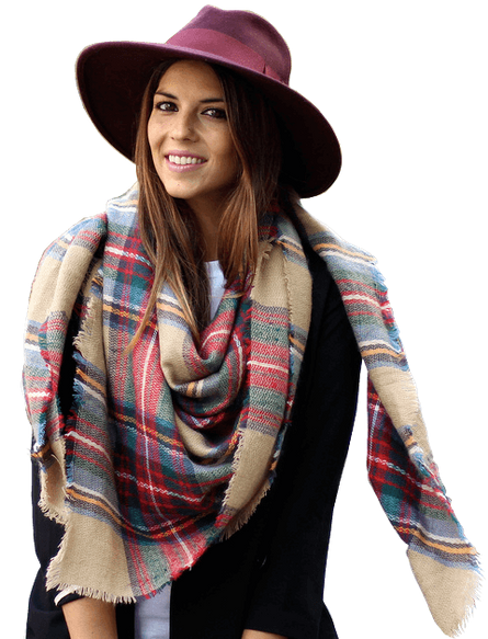 Young woman with maroon hat and scarf